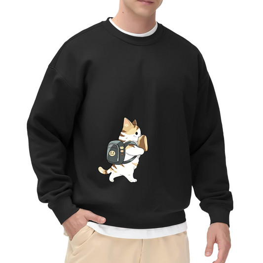 Adorable Backpack Kitten Toast Cartoon Black Crewneck Cute Daily Sweatshirt
