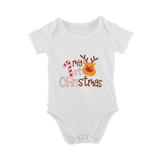My First Christmas Baby Bodysuit | Candy Cane Reindeer Cartoon Print Infant Holiday Onesie