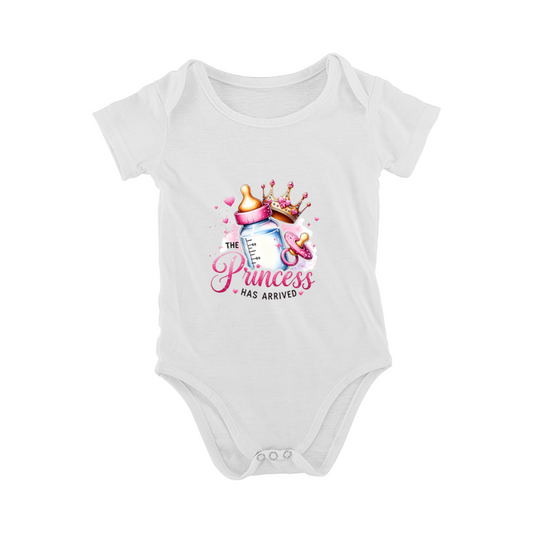 The Princess Has Arrived Pink Bottle Crown Girl Baby Bodysuit