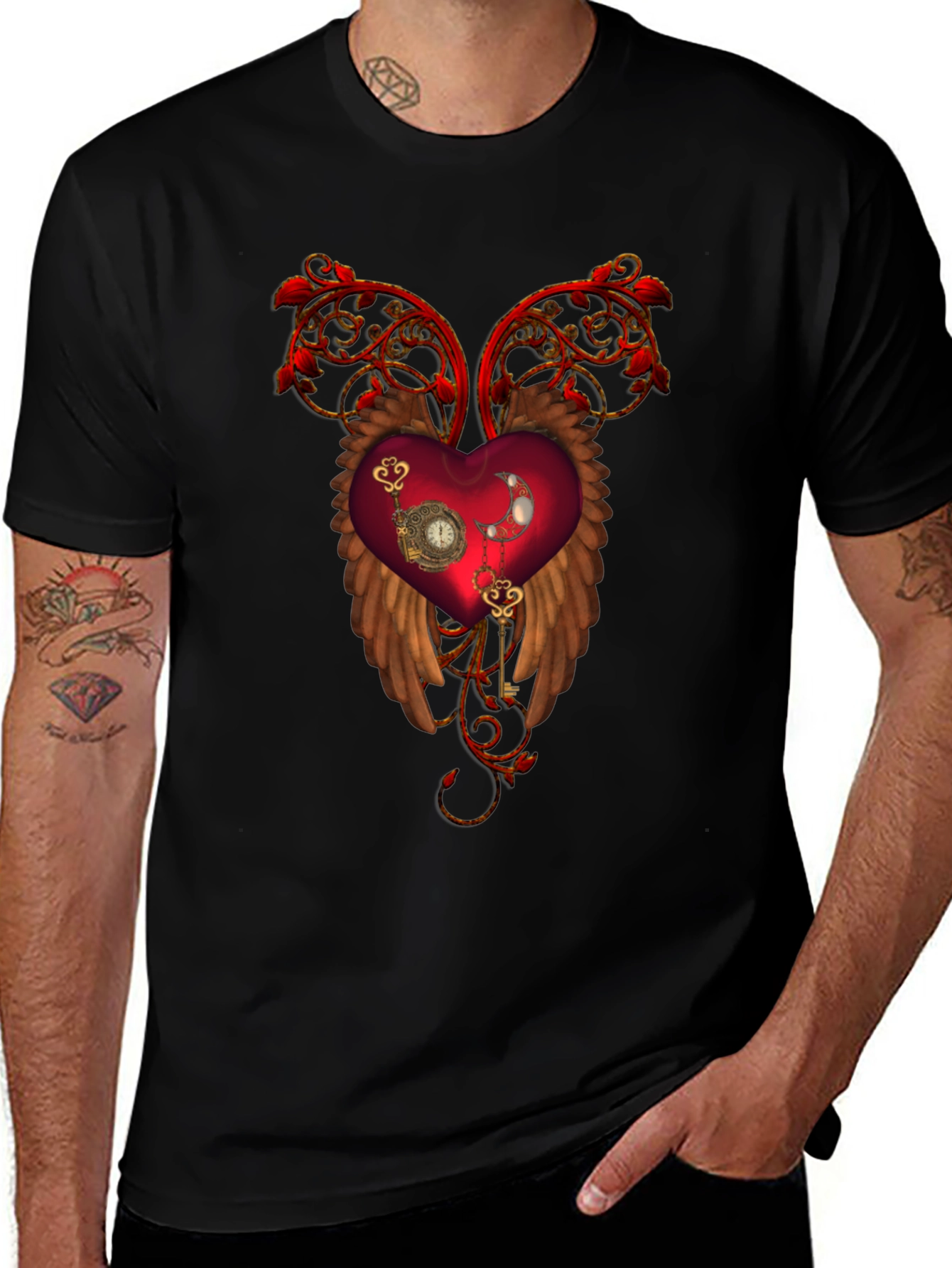 Steampunk Heart Wings Black T-Shirt