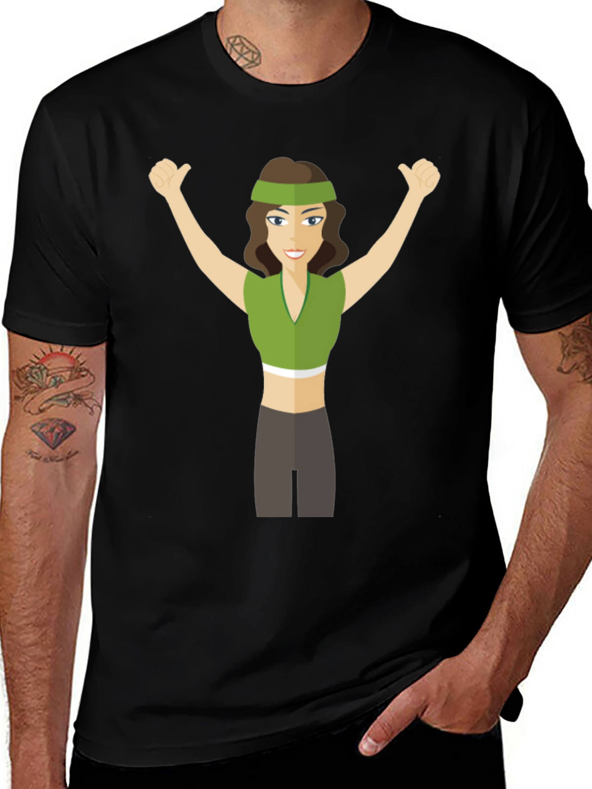 Cartoon Woman Graphic Tee - Black Crew Neck T-Shirt