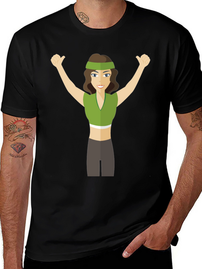 Cartoon Woman Graphic Tee - Black Crew Neck T-Shirt