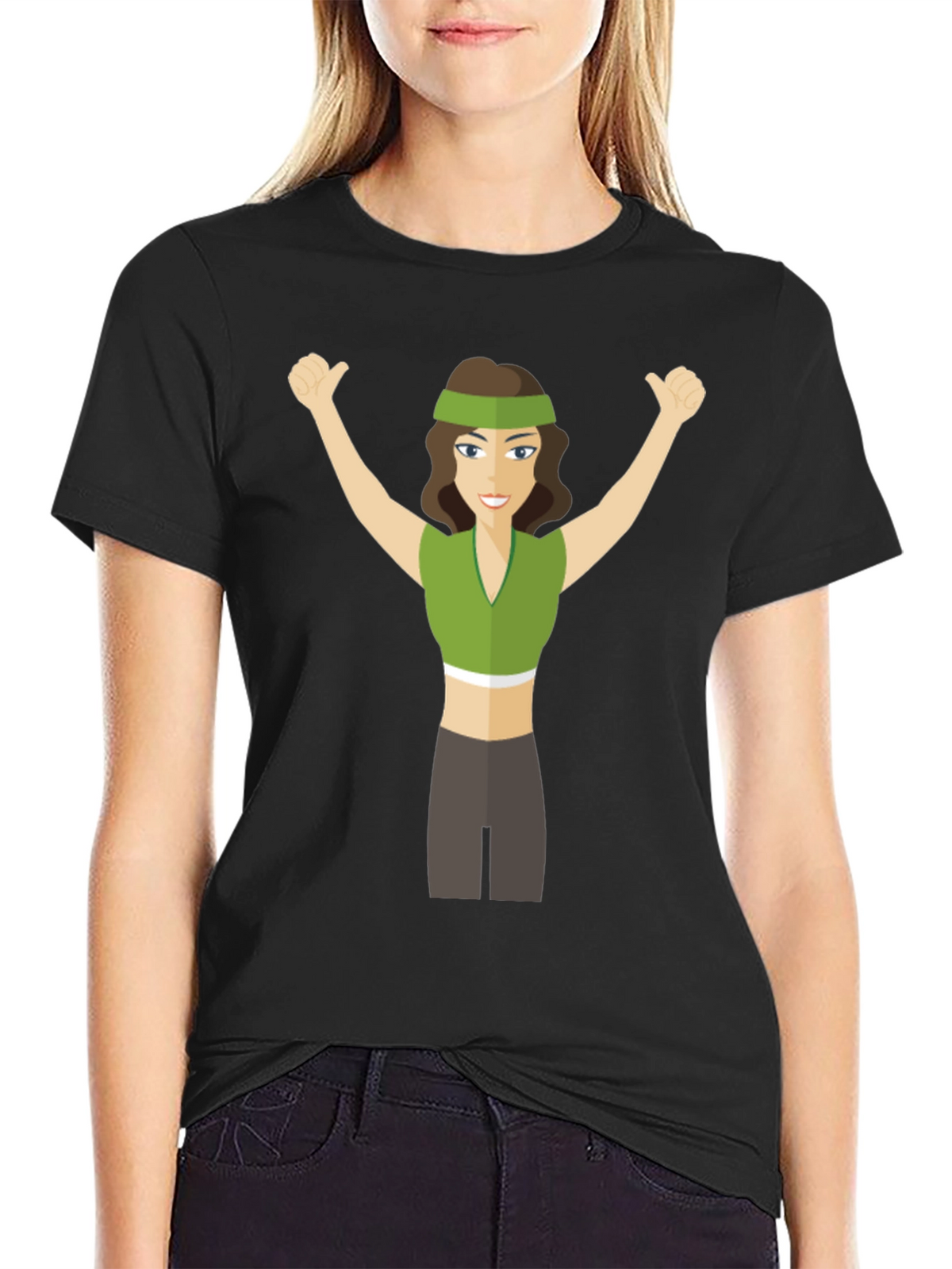 Cartoon Woman Graphic Tee - Black Crew Neck T-Shirt