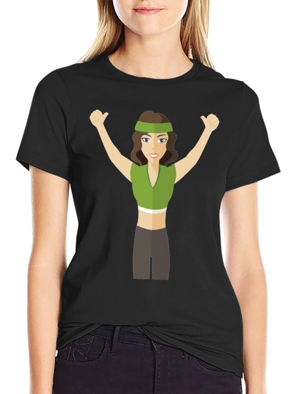 Cartoon Woman Graphic Tee - Black Crew Neck T-Shirt