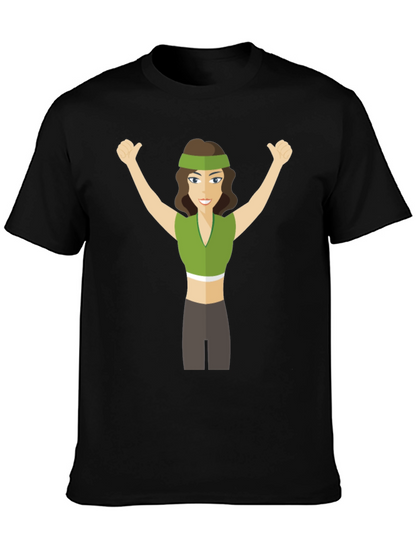 Cartoon Woman Graphic Tee - Black Crew Neck T-Shirt