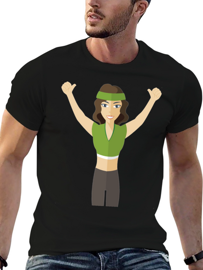 Cartoon Woman Graphic Tee - Black Crew Neck T-Shirt