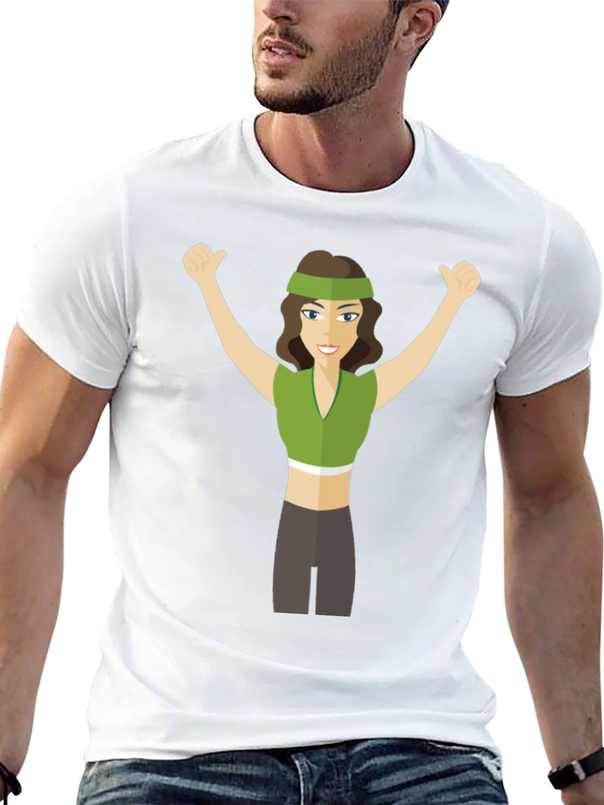 Cartoon Woman Graphic Tee - Black Crew Neck T-Shirt