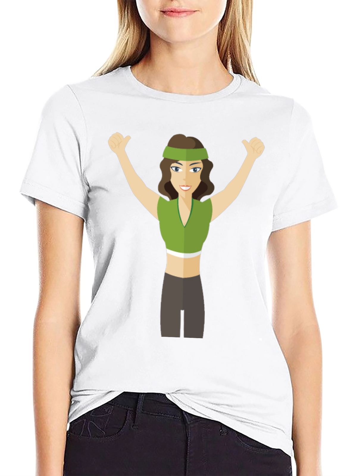 Cartoon Woman Graphic Tee - Black Crew Neck T-Shirt