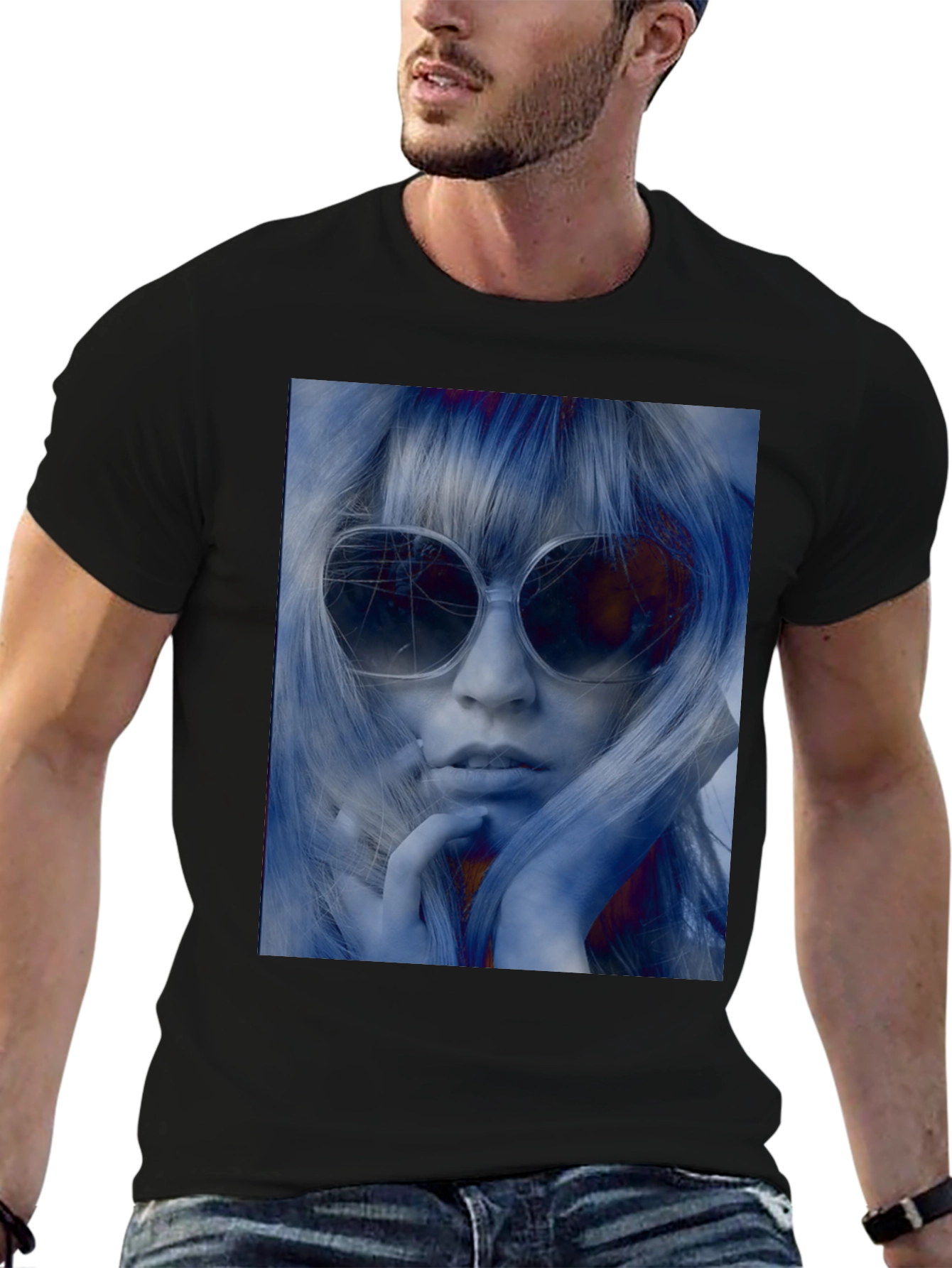 Retro Chic Tee: Black T-Shirt with Sunglasses Woman Print