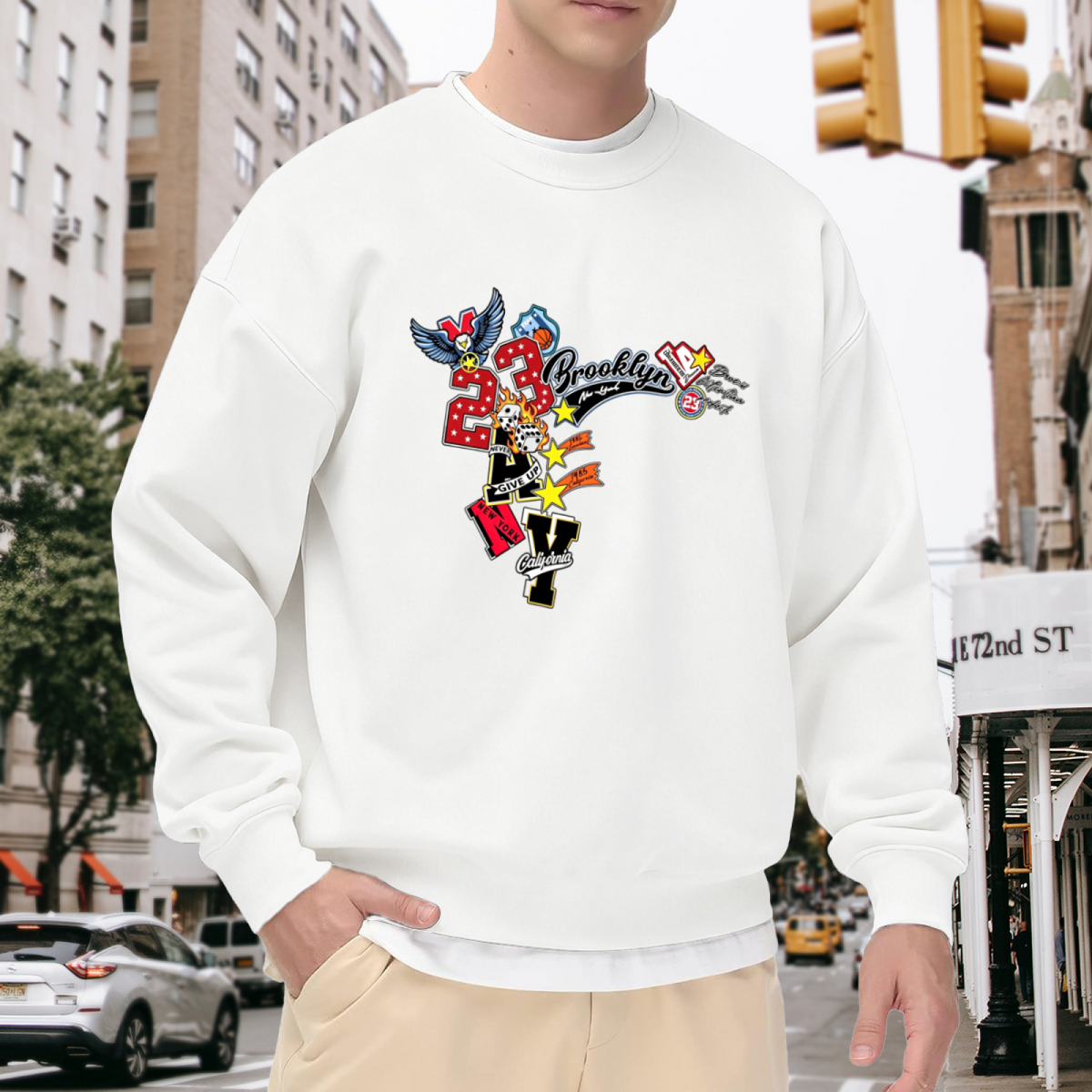 Graffiti 23 Brooklyn Eagle Mix Graphic White Crewneck Sweatshirt