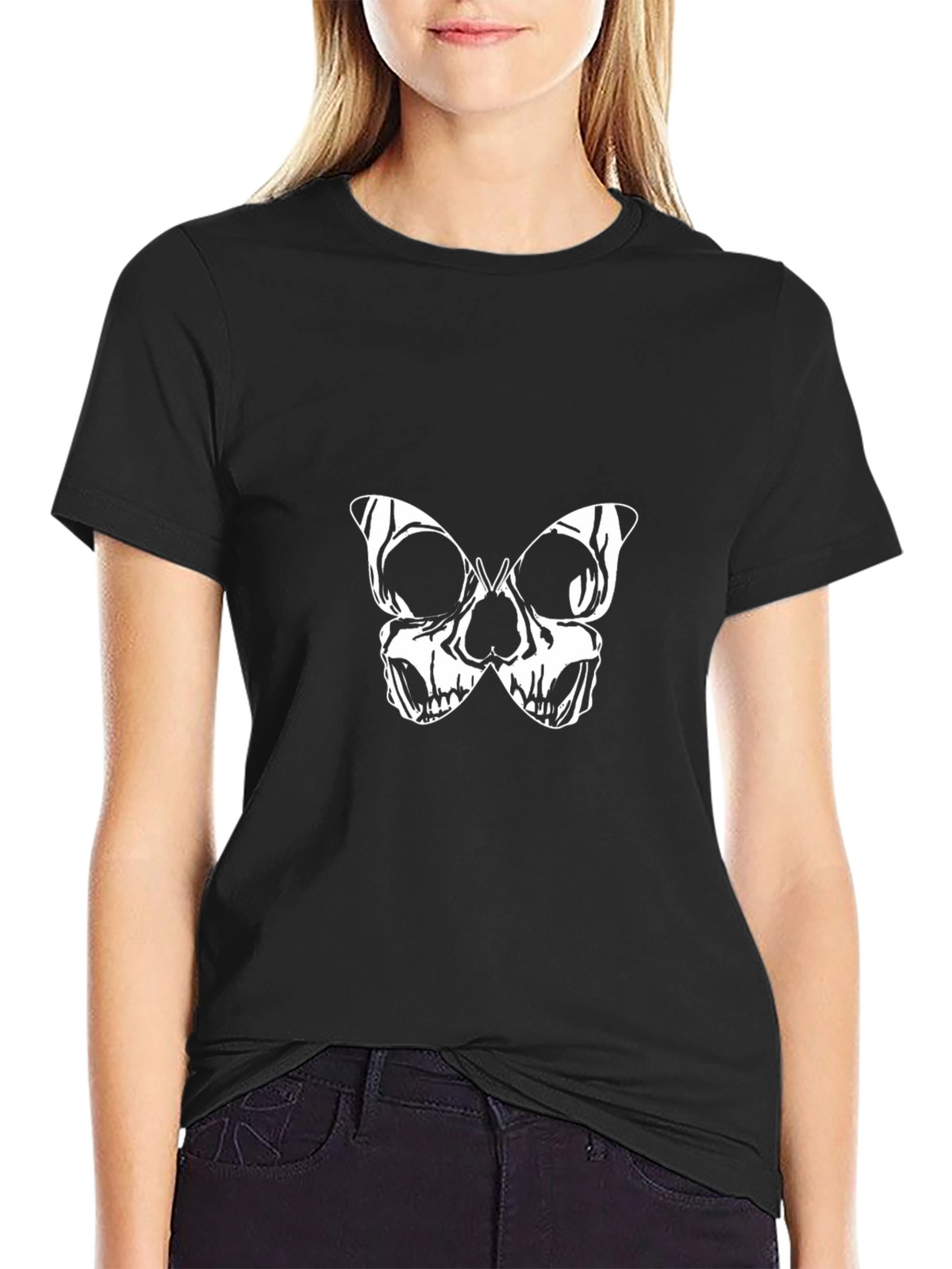 Skull Butterfly Graphic Tee - Black Cotton Blend