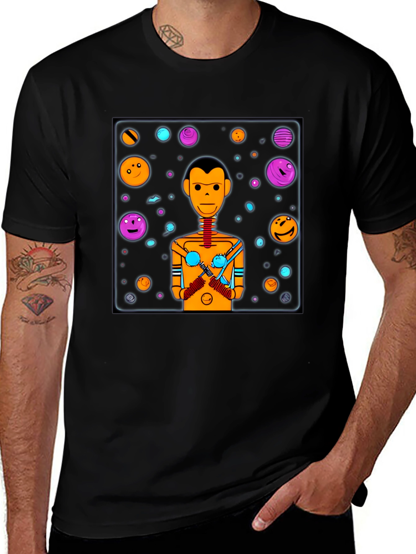Retro Robot Graphic Tee - Black Cotton Blend