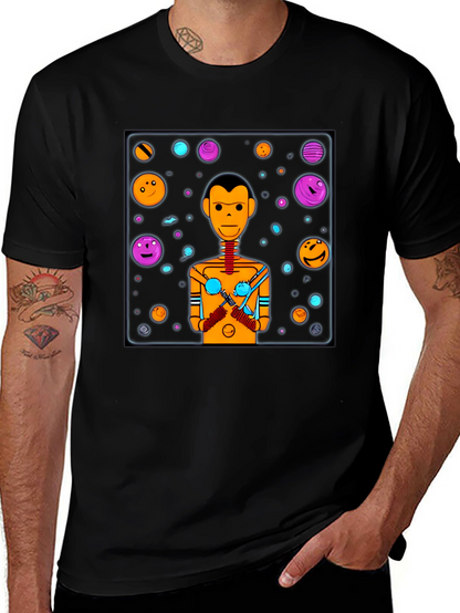 Retro Robot Graphic Tee - Black Cotton Blend