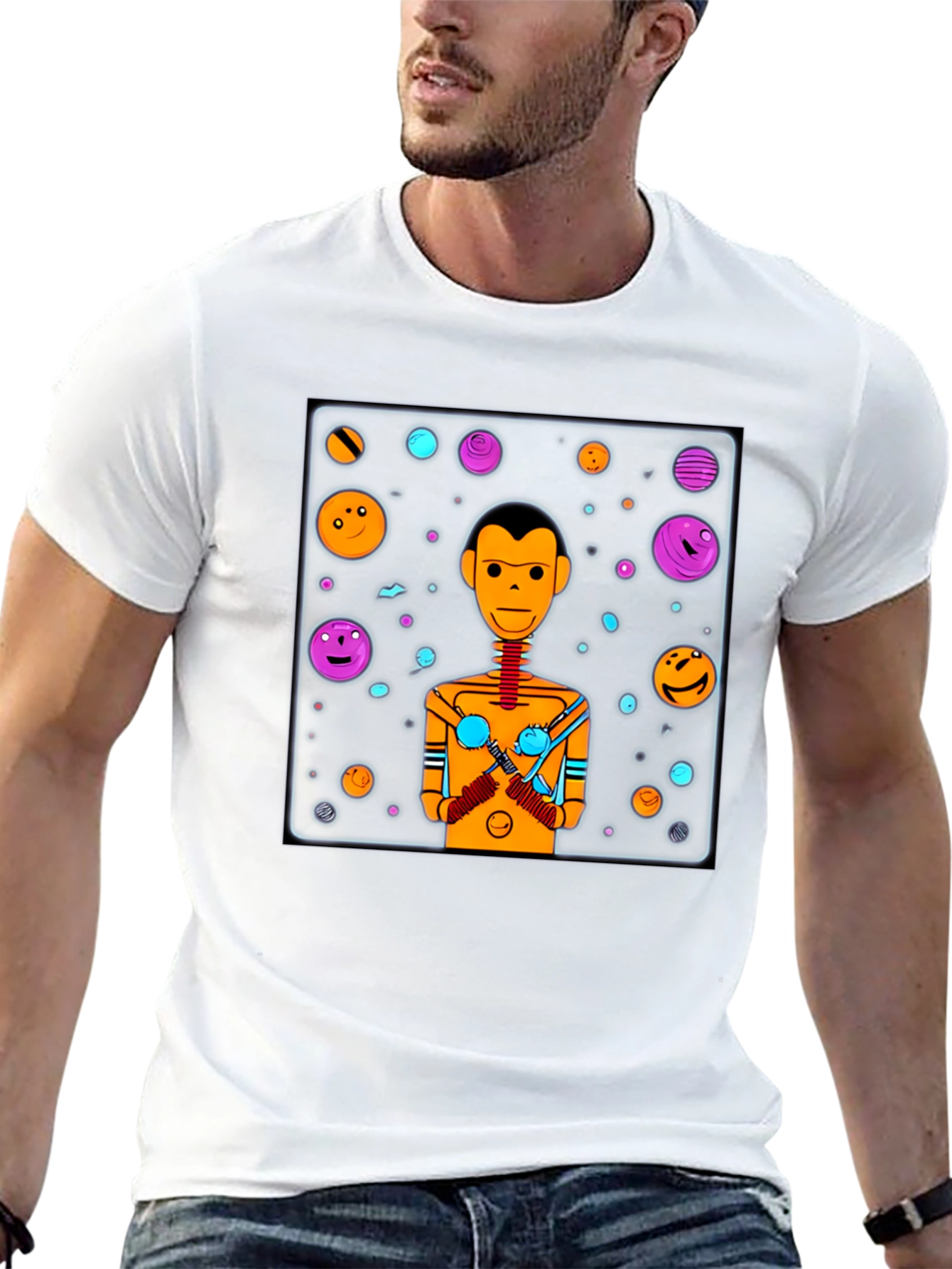 Retro Robot Graphic Tee - Black Cotton Blend
