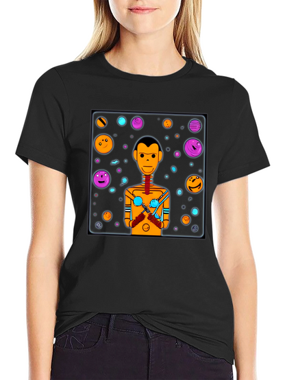 Retro Robot Graphic Tee - Black Cotton Blend