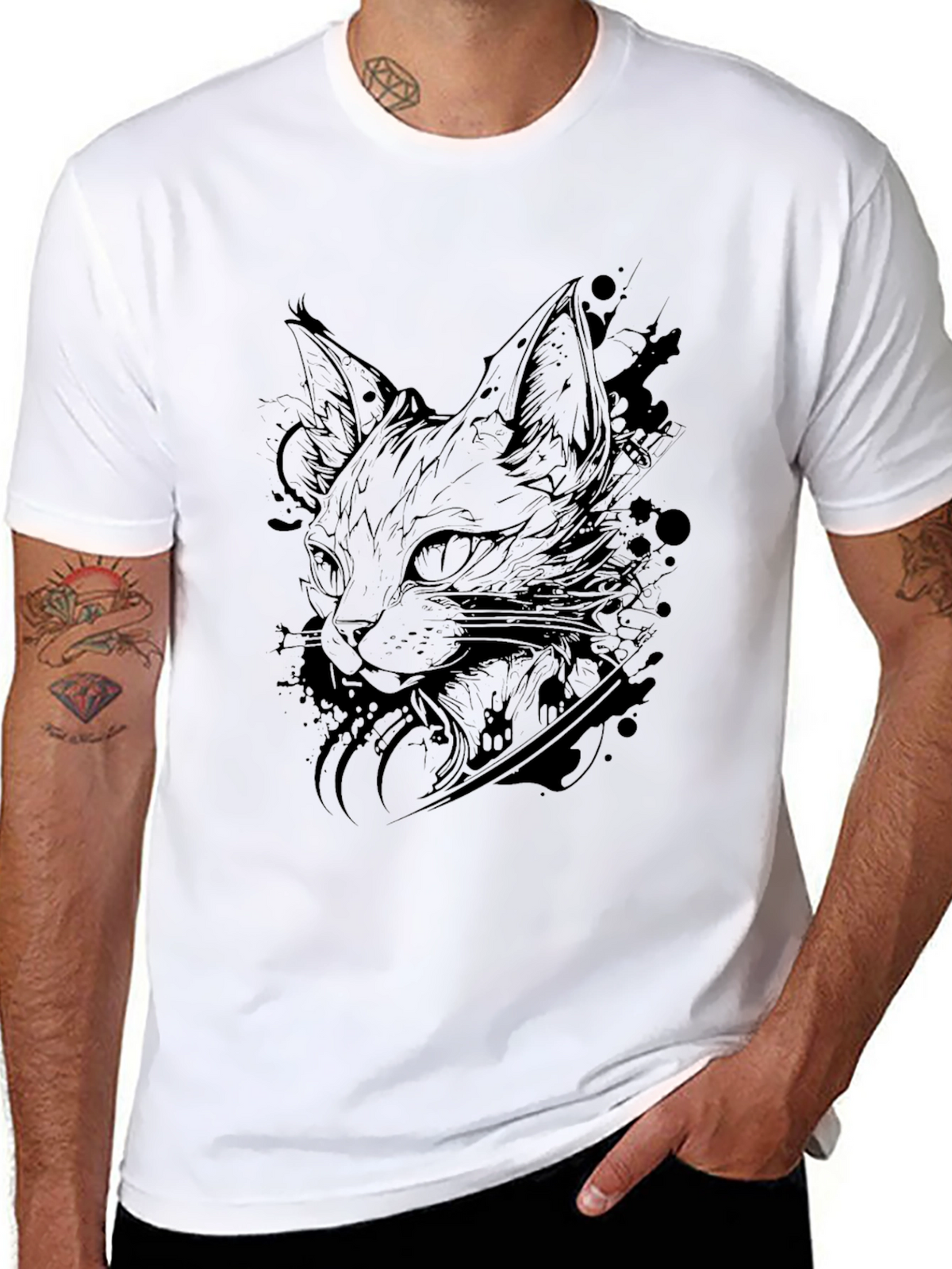 Mens Black Cat Graphic T-Shirt - Artistic Feline Design