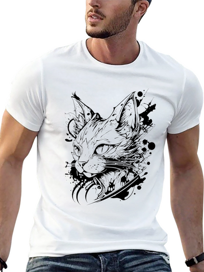 Mens Black Cat Graphic T-Shirt - Artistic Feline Design