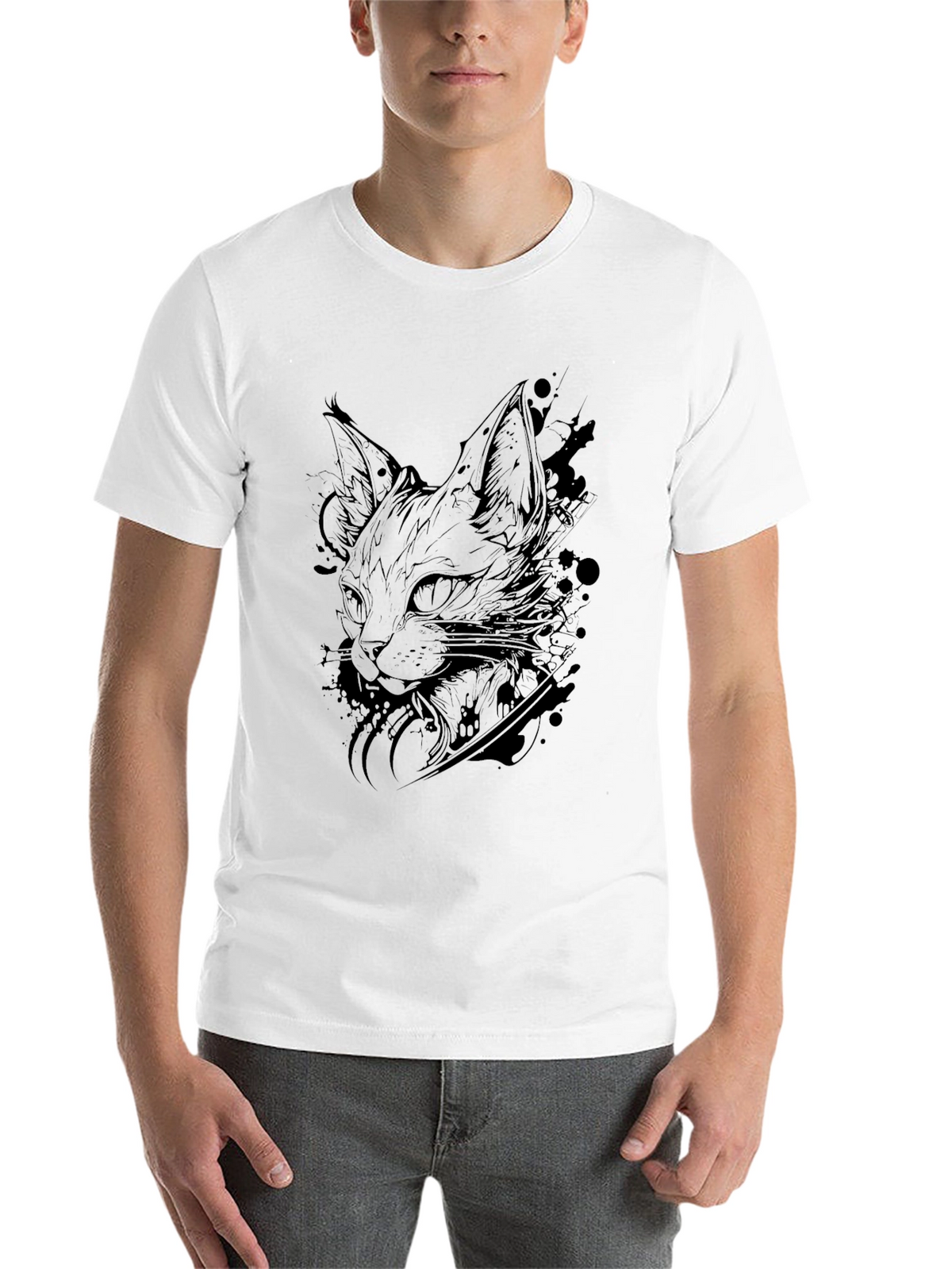 Mens Black Cat Graphic T-Shirt - Artistic Feline Design
