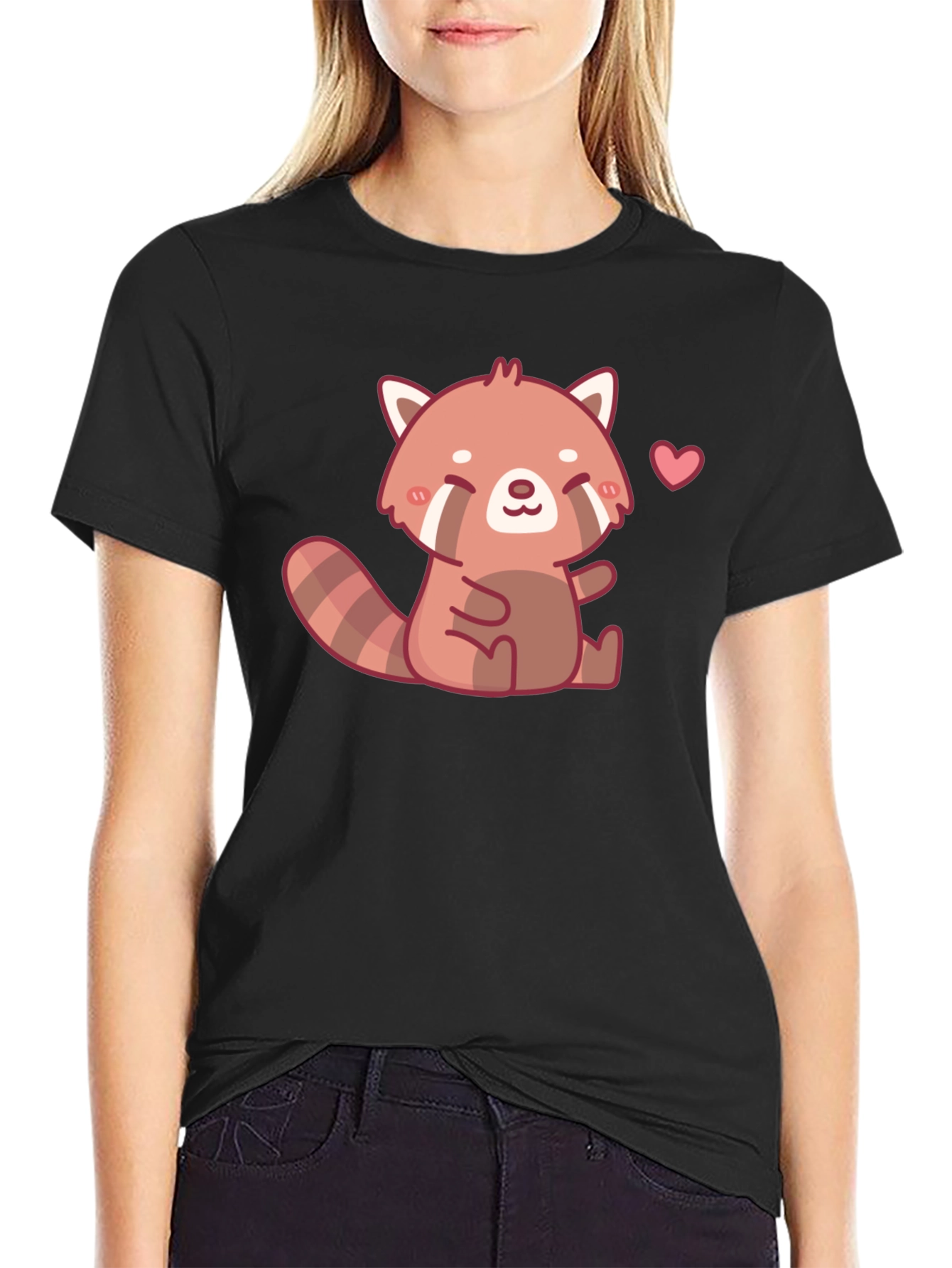 Cute Red Panda Heart Black T-Shirt