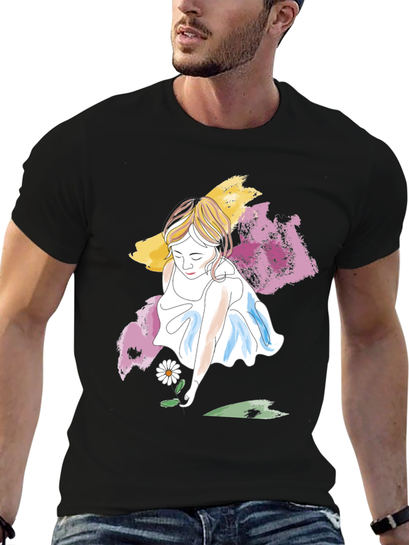 Girl with Daisy T-Shirt - Artistic Graphic Tee