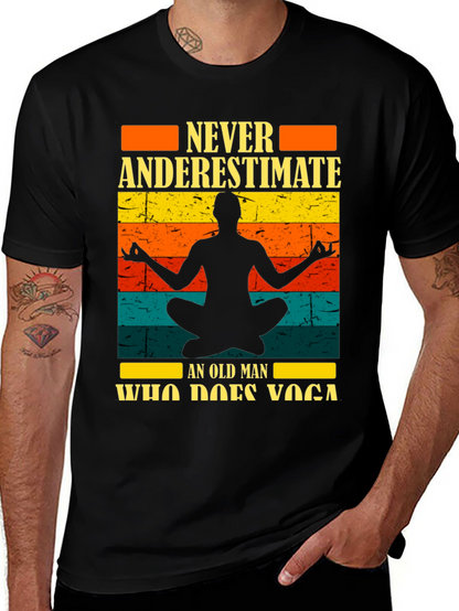 Never Underestimate Yoga Old Man Black T-Shirt