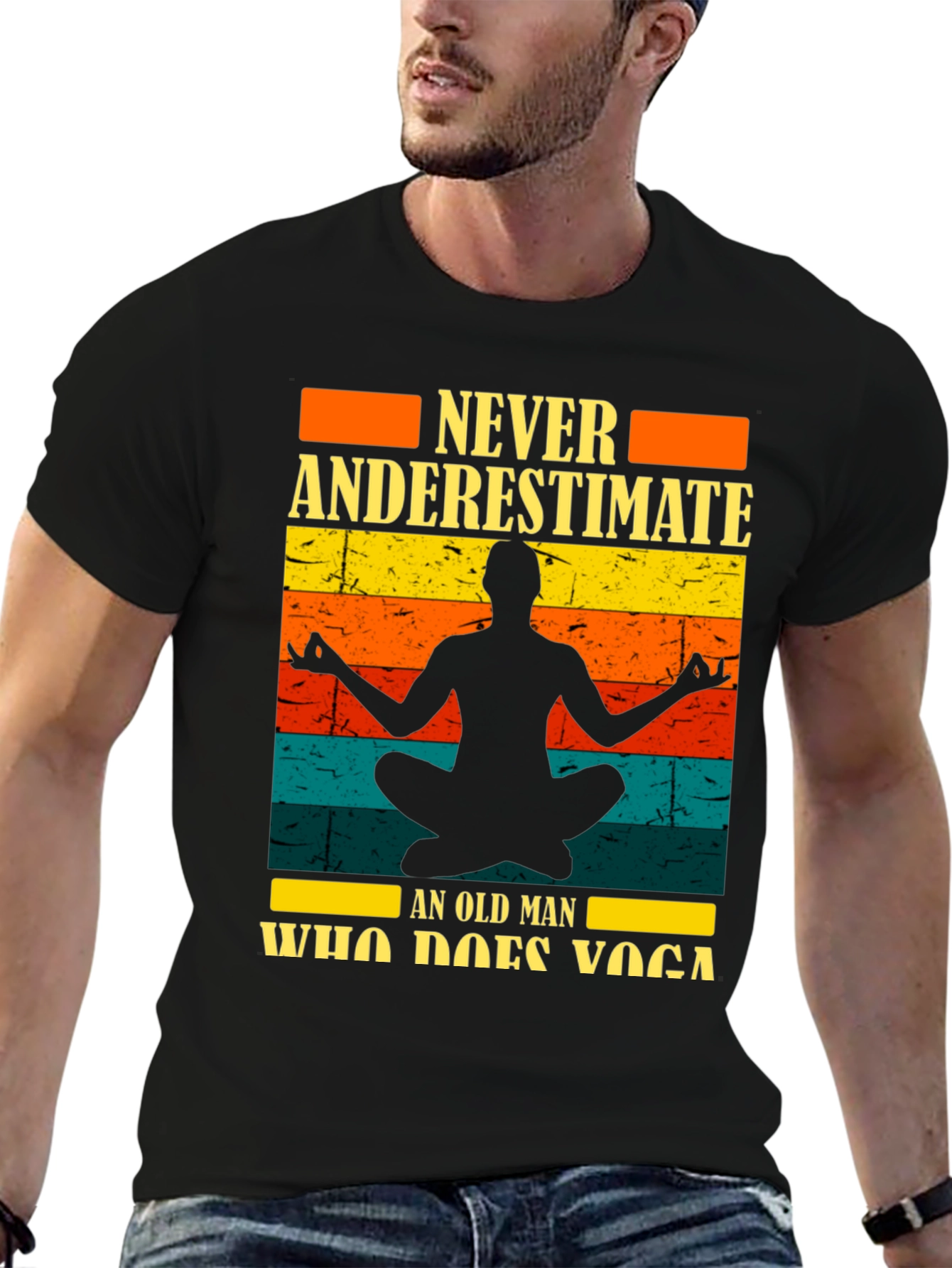 Never Underestimate Yoga Old Man Black T-Shirt
