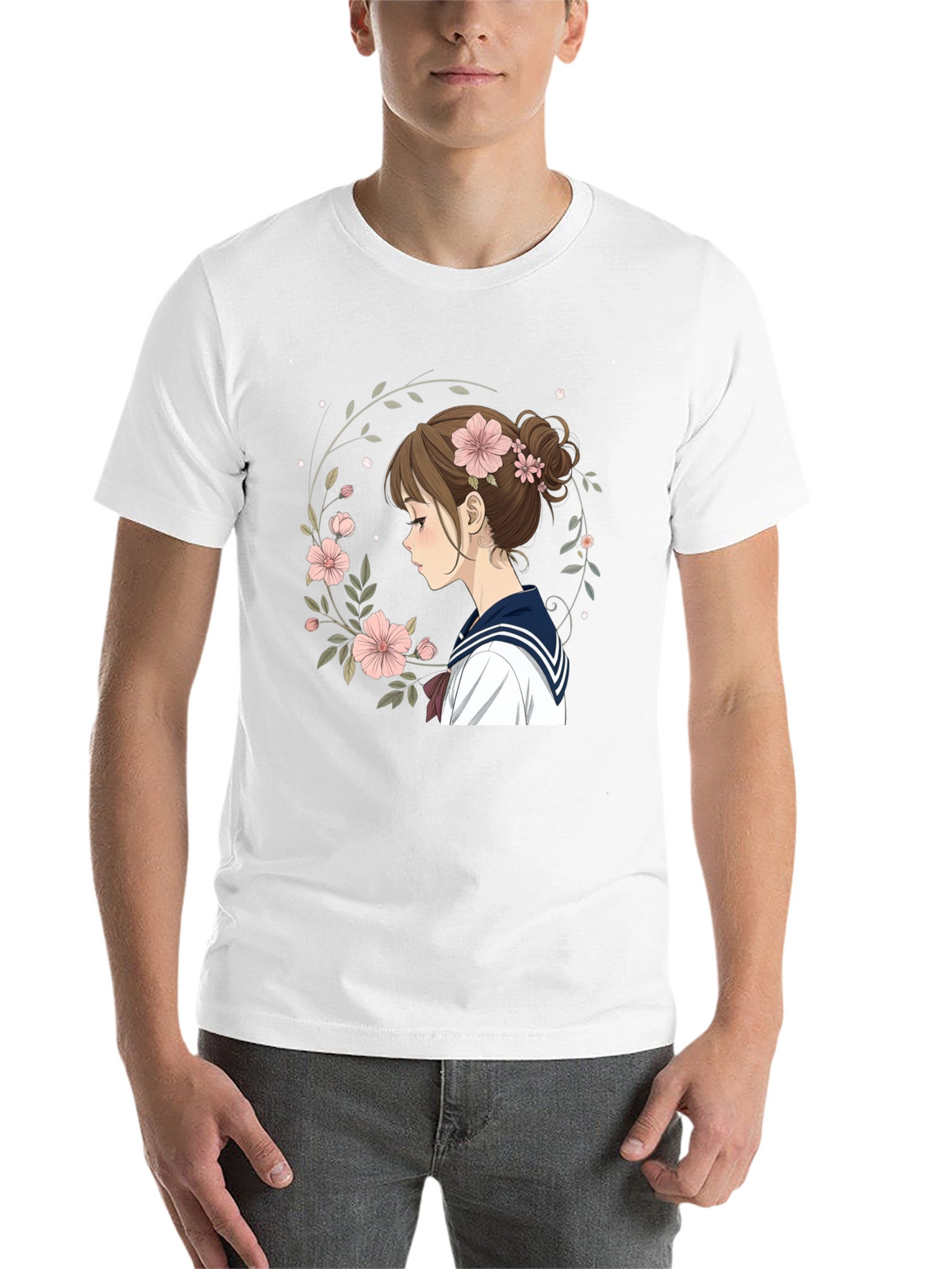 Anime Girl Floral Wreath Black T-Shirt