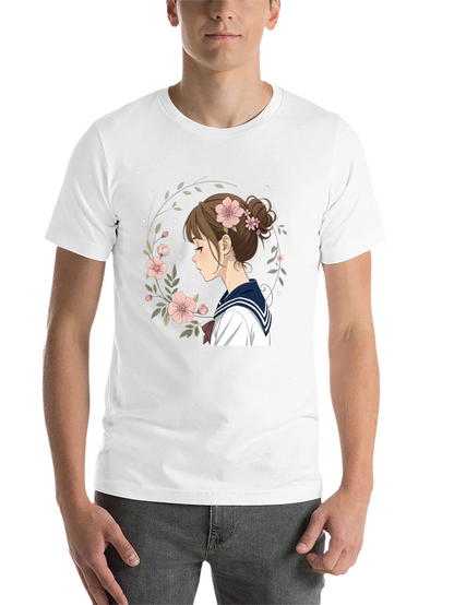 Anime Girl Floral Wreath Black T-Shirt