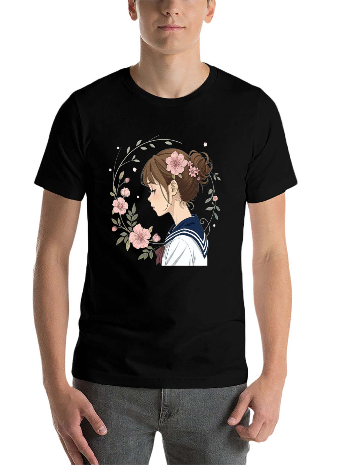 Anime Girl Floral Wreath Black T-Shirt