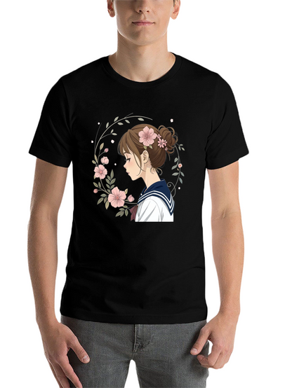 Anime Girl Floral Wreath Black T-Shirt