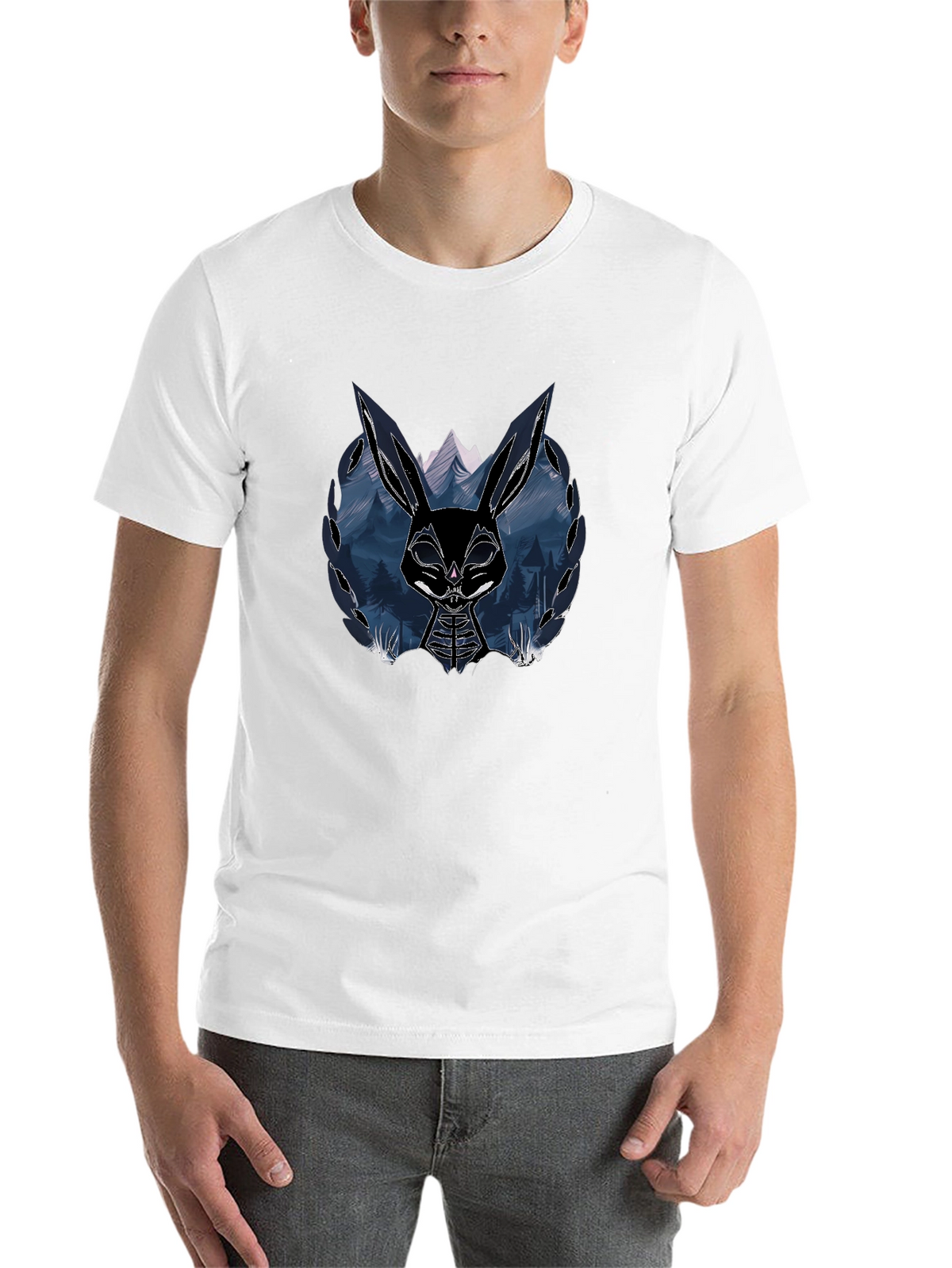 Mens Black T-Shirt with Graphic Rabbit Design