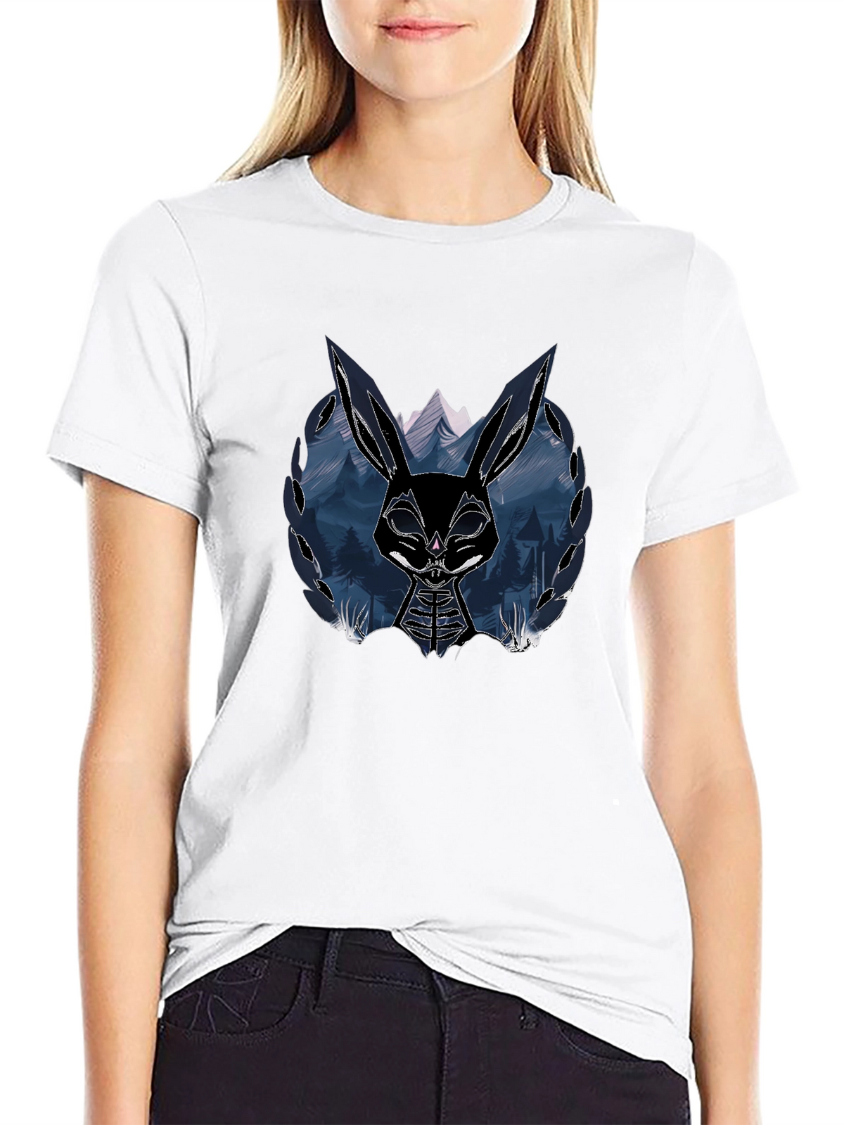 Mens Black T-Shirt with Graphic Rabbit Design