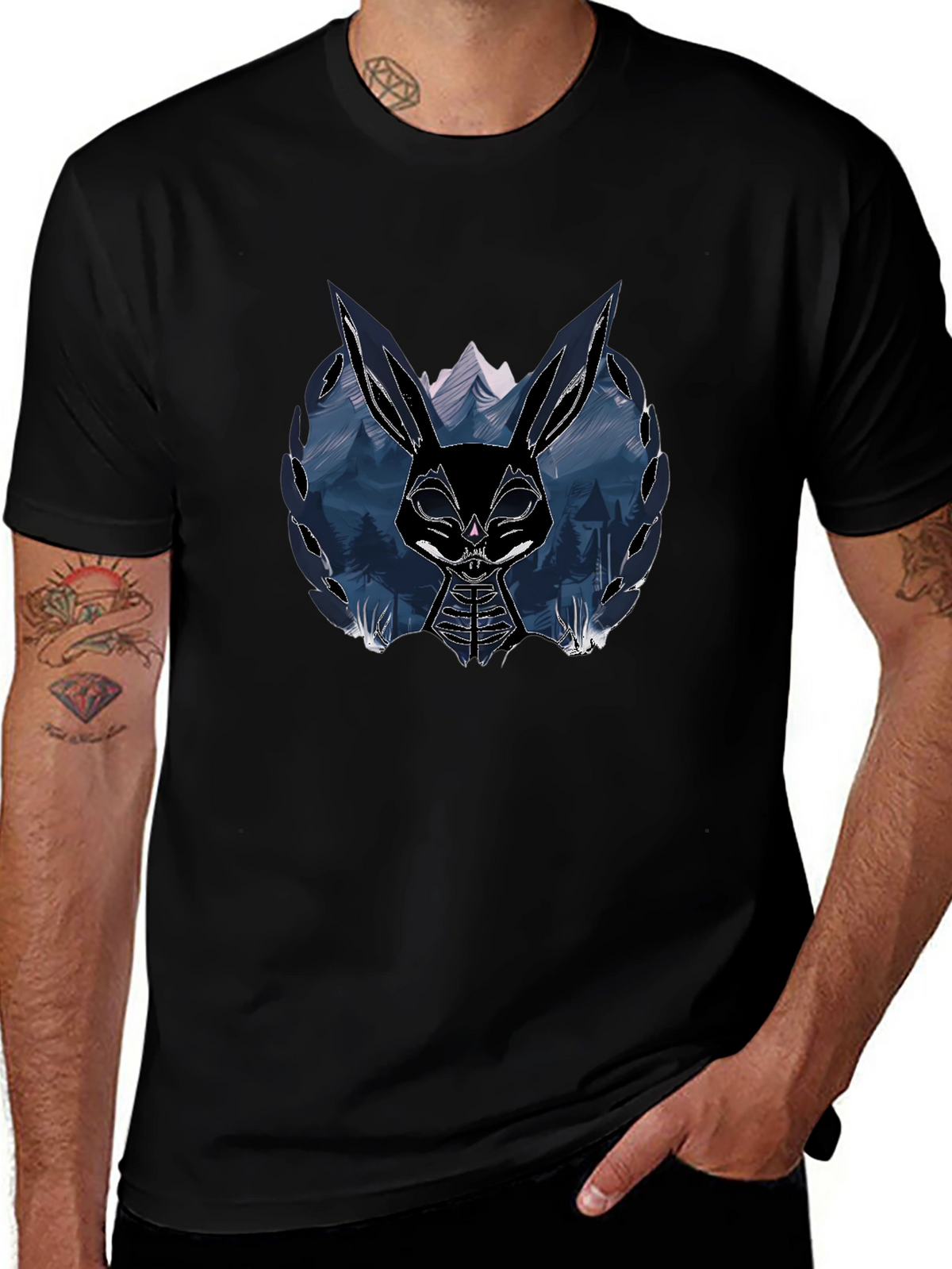 Mens Black T-Shirt with Graphic Rabbit Design