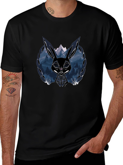 Mens Black T-Shirt with Graphic Rabbit Design