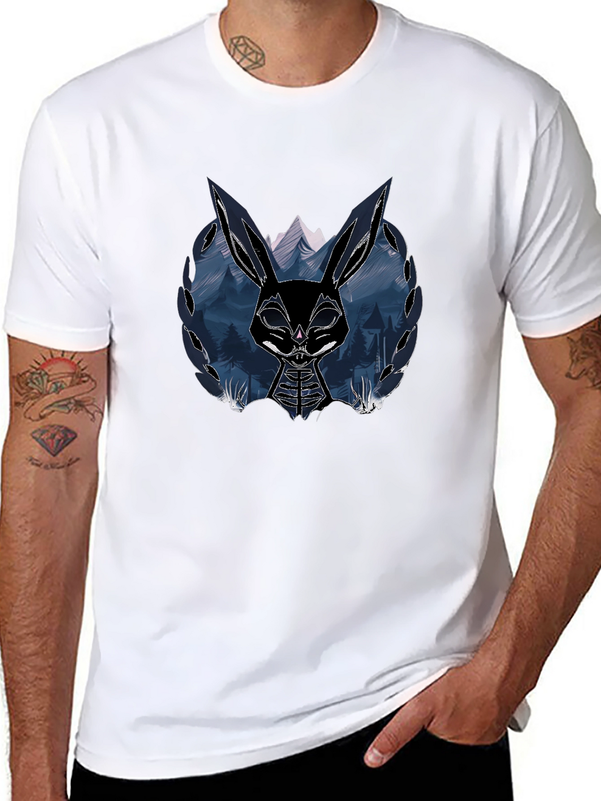 Mens Black T-Shirt with Graphic Rabbit Design