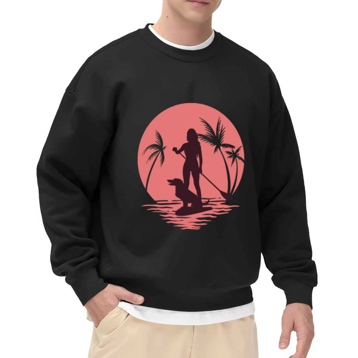 Retro Sunset SUP Paddleboard With Dog Outdoor Crewneck Sweatshirt