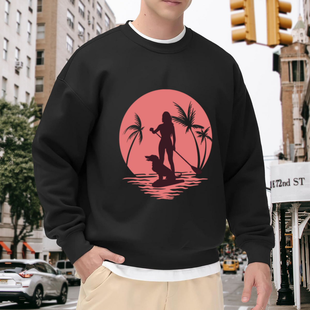 Retro Sunset SUP Paddleboard With Dog Outdoor Crewneck Sweatshirt