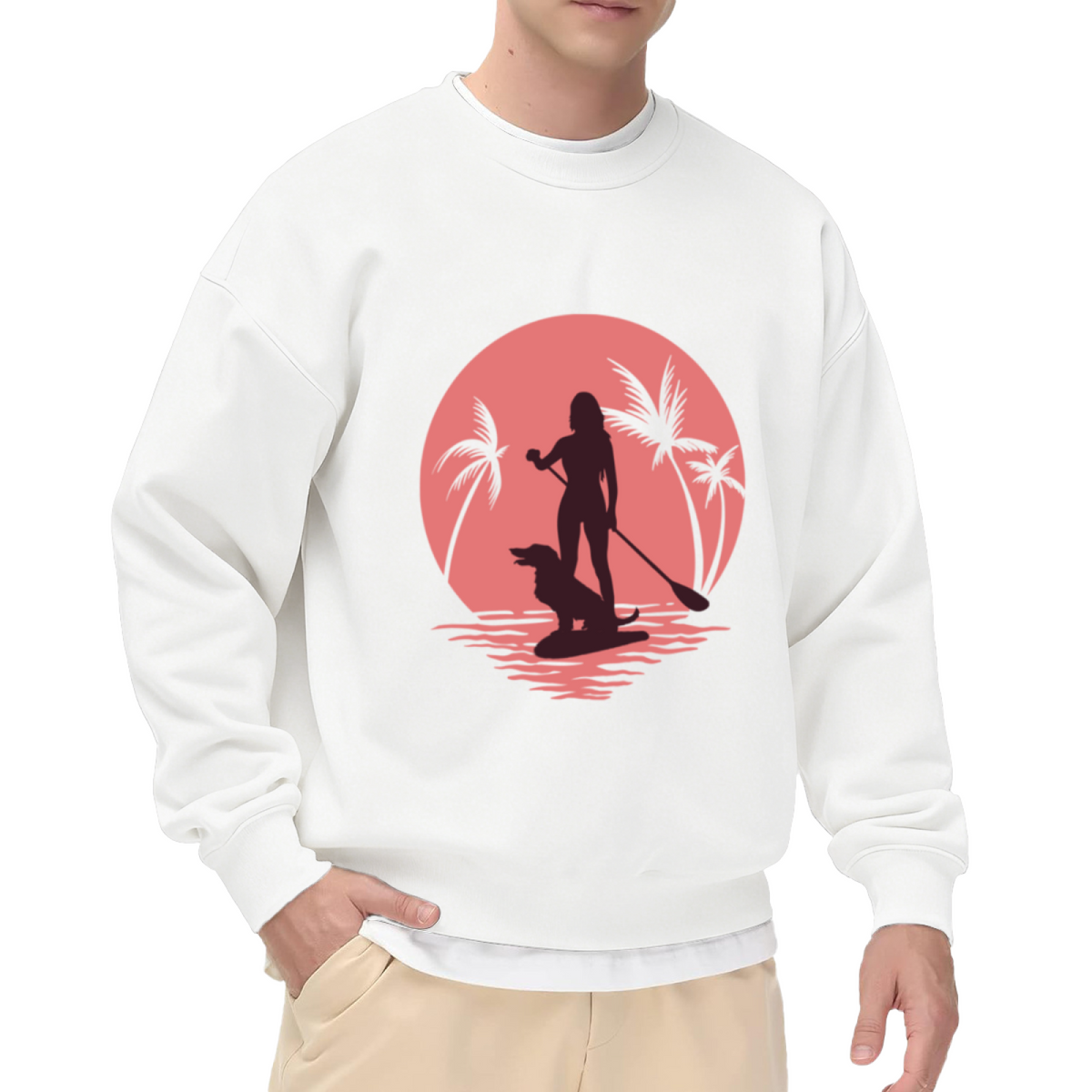 Retro Sunset SUP Paddleboard With Dog Outdoor Crewneck Sweatshirt