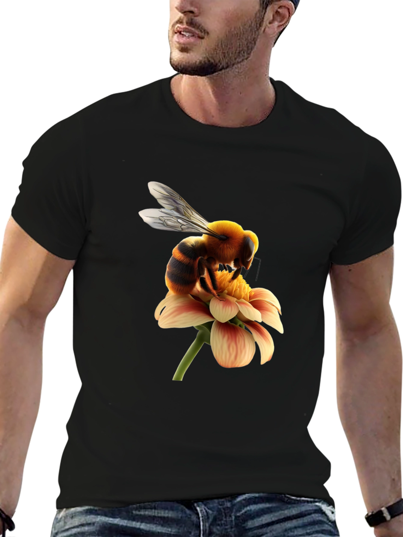 Bee on Flower Graphic Tee - Black Cotton T-Shirt