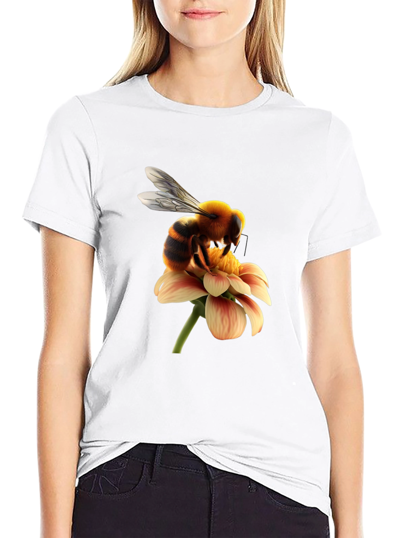 Bee on Flower Graphic Tee - Black Cotton T-Shirt