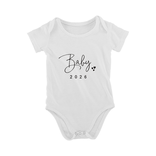 Minimal Handwritten Baby 2026 Tiny Heart White Neutral Infant Announcement Bodysuit