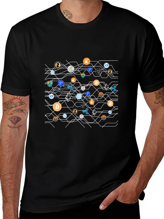 Crypto Pattern T-Shirt - Black Casual Style