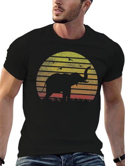 Elephant Sunset Graphic Tee - Black Cotton T-Shirt