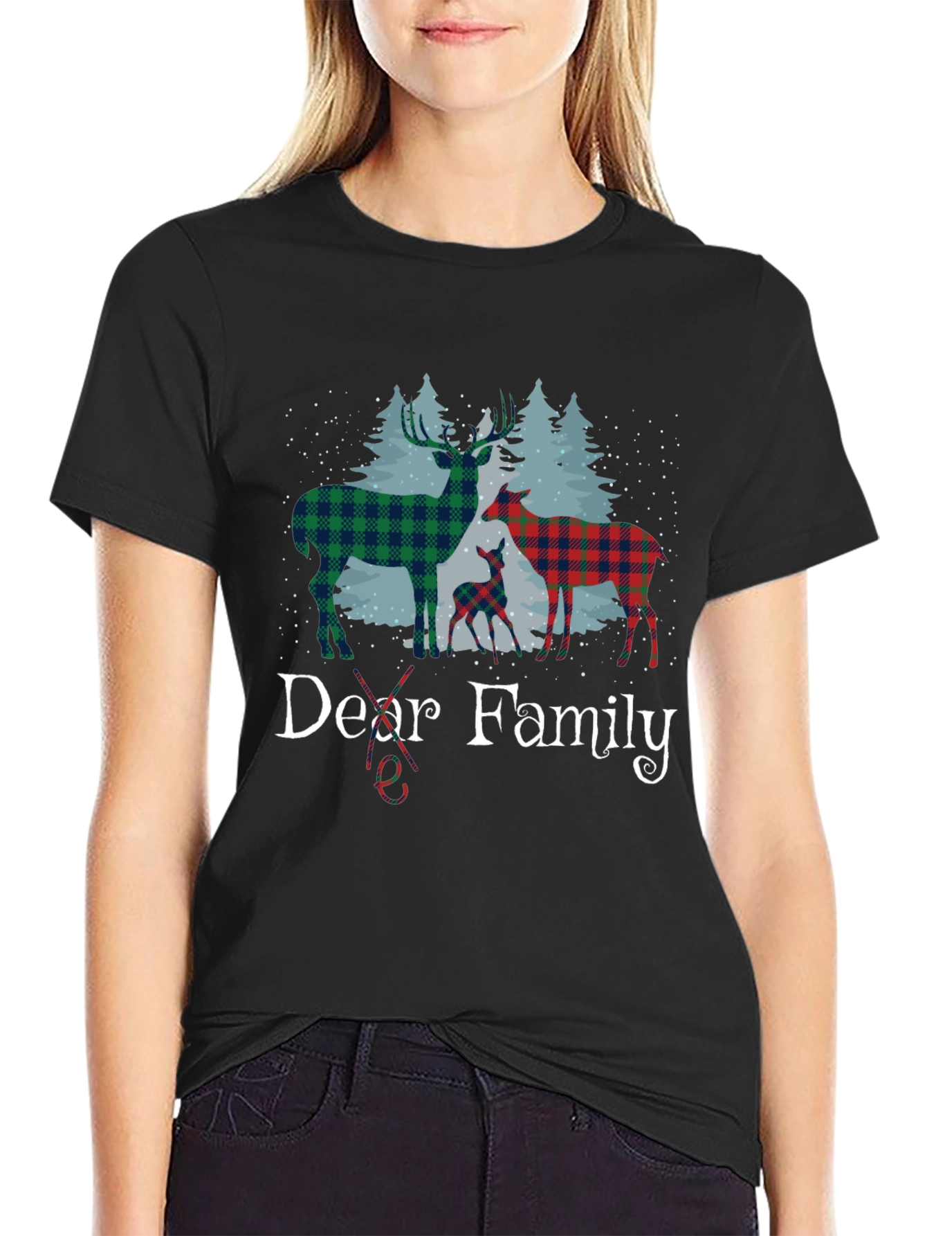Dear Family Plaid Deer Christmas T-Shirt