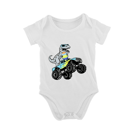Cool Dinosaur Monster Truck Summer Baby Onesie | Sunglasses Dino Beach Ball Print Infant Romper