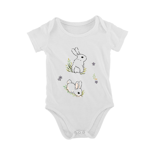Soft Sketch Bunny Floral Print Baby Bodysuit, Sweet Neutral Animal Infant Onesie