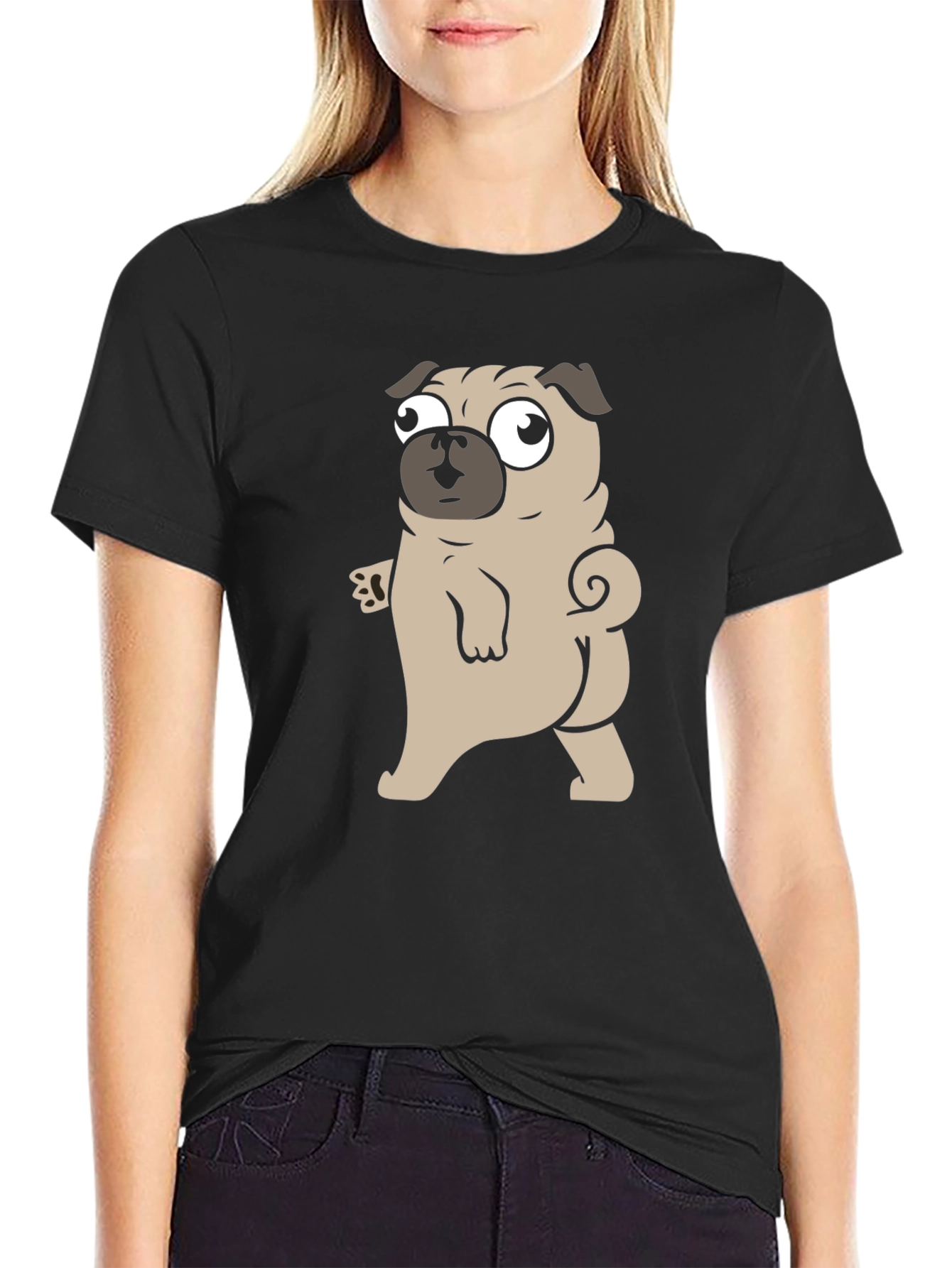 Cartoon Pug Graphic Black T-Shirt