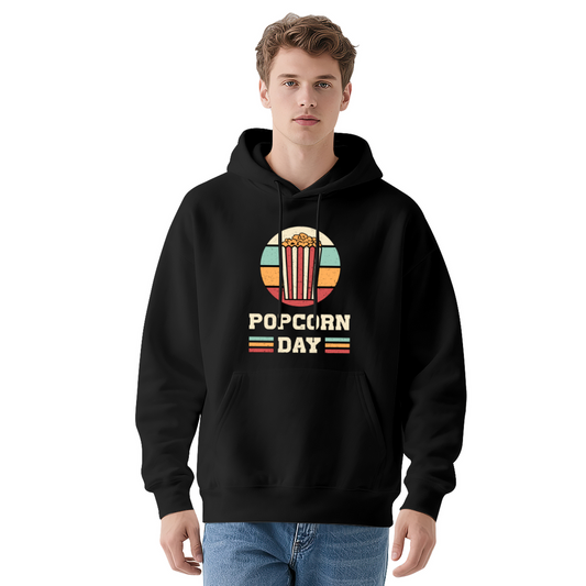Retro Popcorn Day Vintage Circle Graphic Black Hoodie, Cozy Movie Lover Pullover