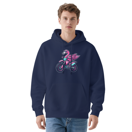 Cool Flamingo Riding Motorcycle Vibrant Graphic Soft Hoodie, Trendy Casual