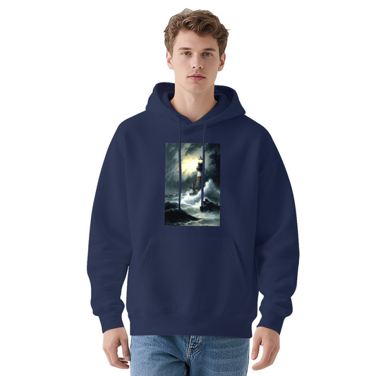 Storm Lighthouse Oil Painting Graphic Hoodie, Relaxed Cozy Navy Pullover Hoodie